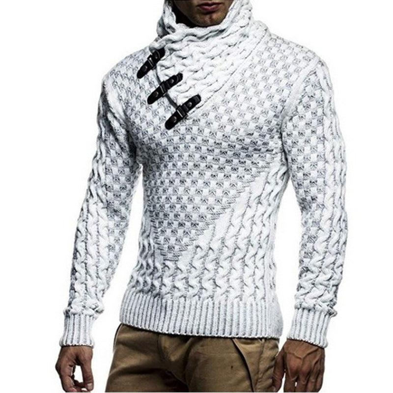 Men's Scarf Leather Button Collar Pullover Knitted Sweater-Shirts-Bennys Beauty World