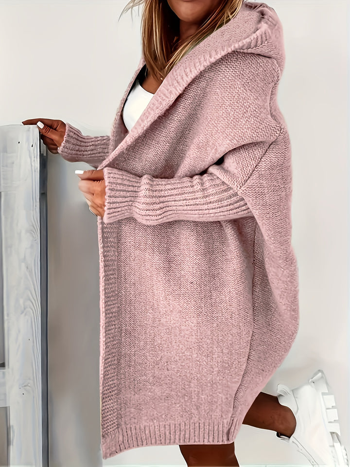 Plus Size Solid Color Hooded Open Front Cardigan, Casual Long Sleeve Knitted Cardigan, Women's Plus Size Clothing-Bennys Beauty World