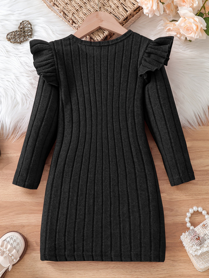 Girls Elegant Dresses, Long Ruffle Sleeve Bow Decor Ribbed Dress For Spring & Fall, Perfect For Dinner Party, As Gifts-Bennys Beauty World