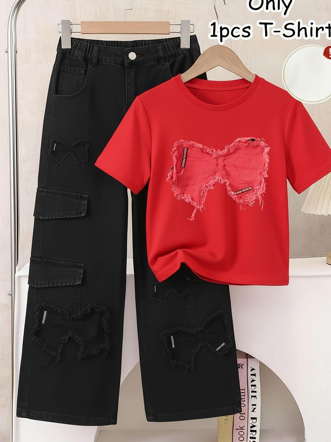 Girls' Casual Print T-Shirt with Faux Denim Butterfly Print
