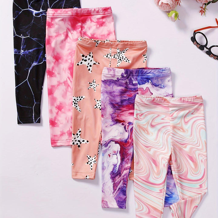 5pcs Girls' Stretch Tie Dye Footless Legging Pants Elastic Waist Pants For A Fashionable Look-Bennys Beauty World