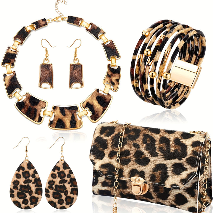 4pcs Leopard Necklace Earrings Bracelets Jewelry Set