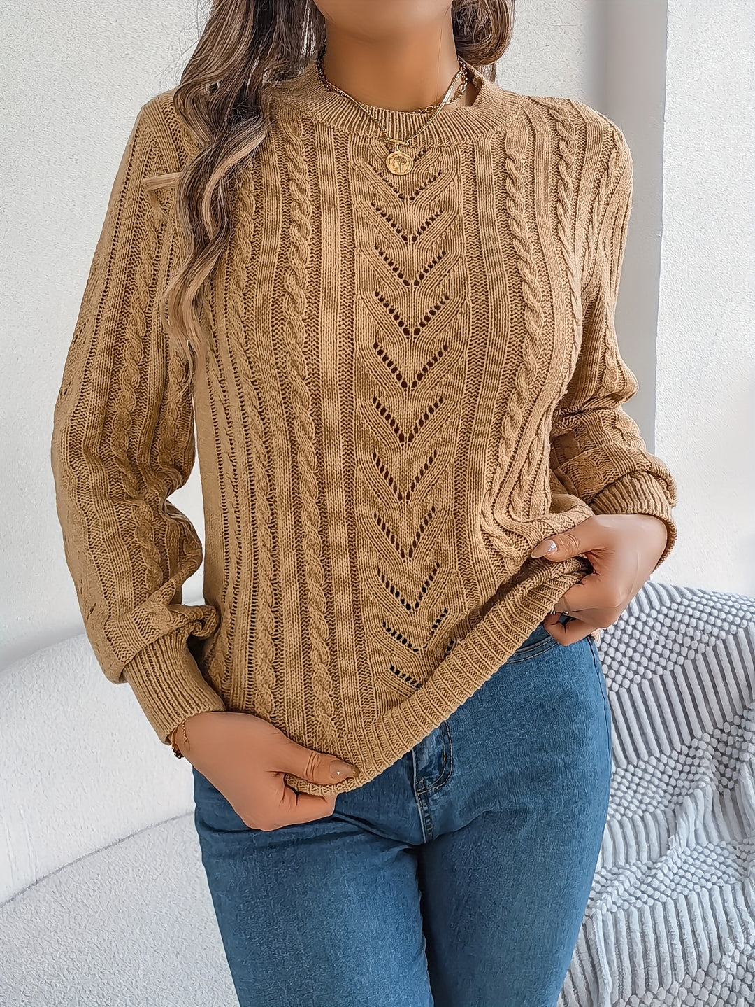 Women's Cozy Cable Knit Sweater - Soft, Long Sleeve, Round Neck with Hollow-Out Design for Warmth & Breathability in Fall/Winter-Bennys Beauty World