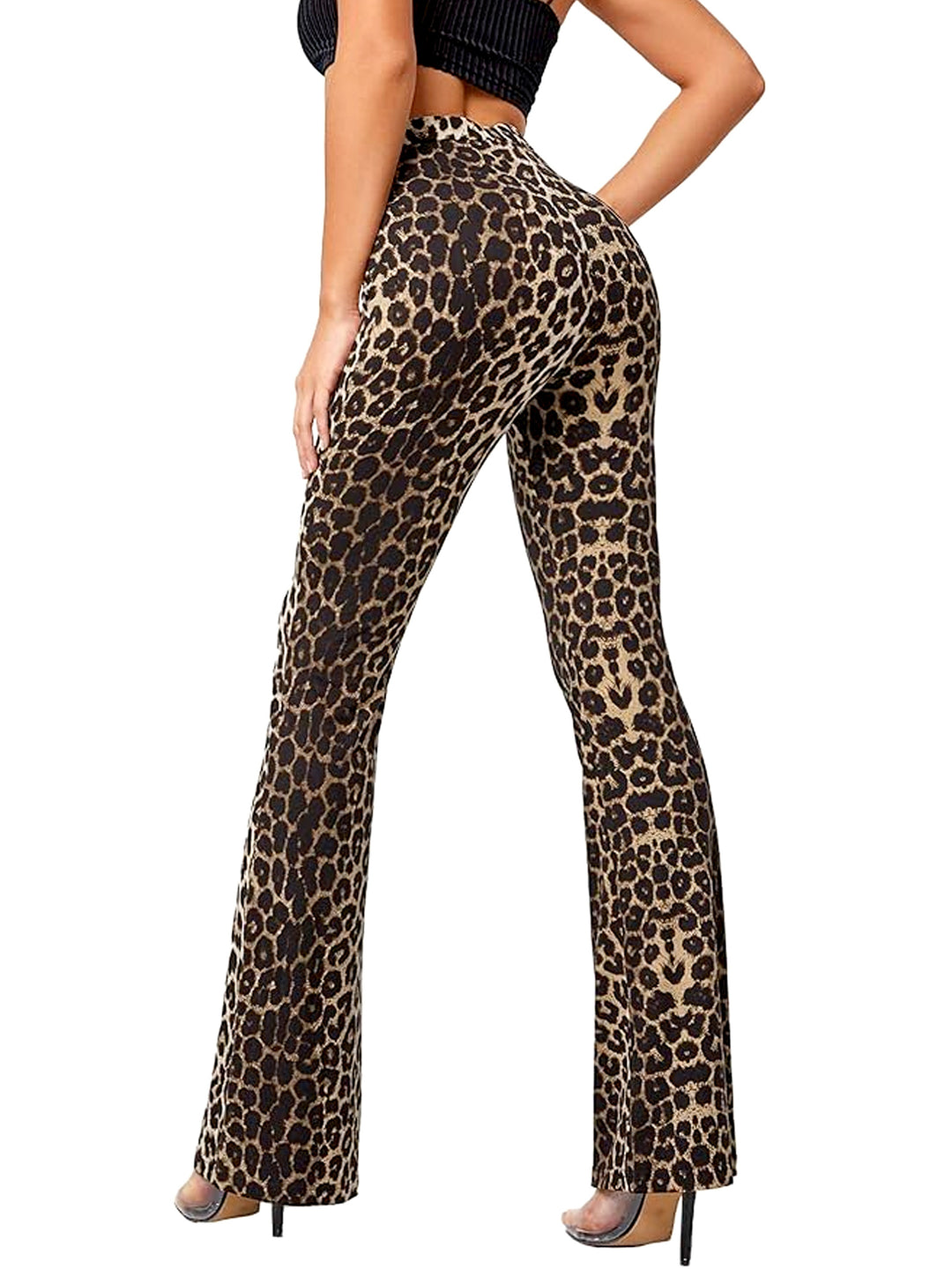 Leopard Print Flare Leg Pants, Elegant High Waist Forbidden Pants For Spring & Summer, Women's Clothing-Bennys Beauty World