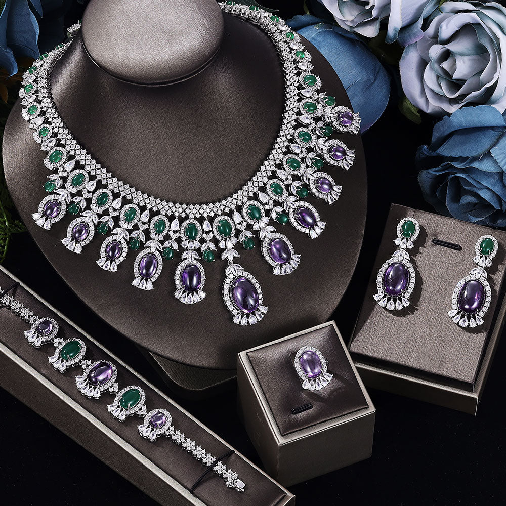 4PCS Luxury Green Purple Set For Women Wedding Cubic Zircon Bridal Jewelry Bennys Beauty World