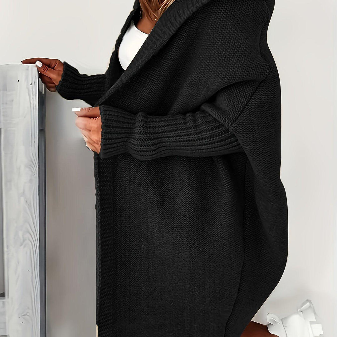 Plus Size Solid Color Hooded Open Front Cardigan, Casual Long Sleeve Knitted Cardigan, Women's Plus Size Clothing-Bennys Beauty World