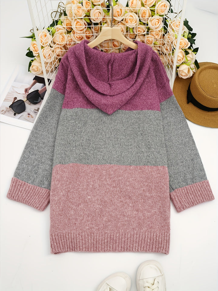 Chic Color Block Hooded Cardigan for Women - Casual Knit with Pockets, High Stretch Polyester, Perfect for Fall/Winter-Bennys Beauty World