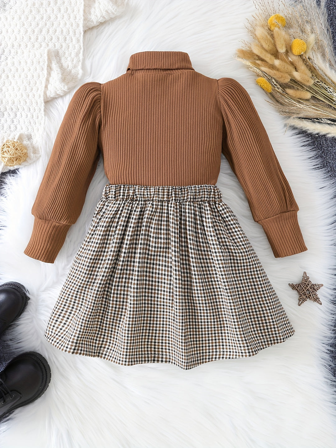 2pcs Toddler Girls Long Sleeve Knit Pullover + Houndstooth Skirt Set