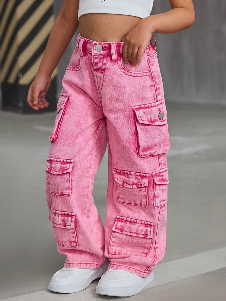 Girl Fashion Pink Denim Jeans, Loose Wide-Leg Pants