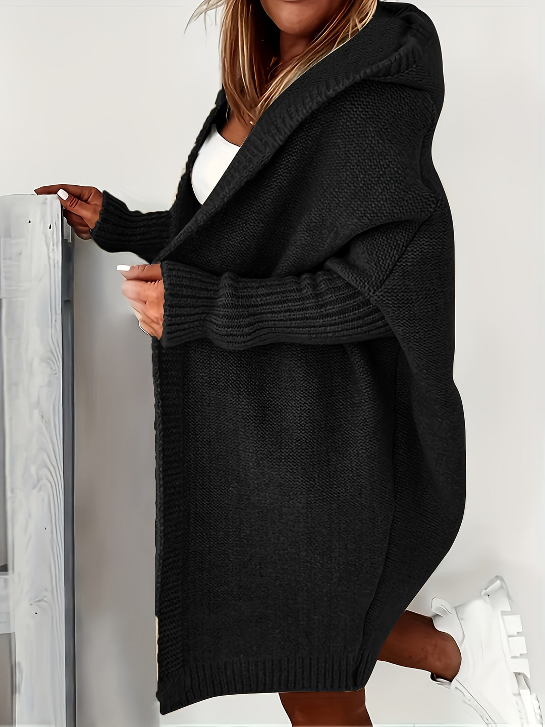 Plus Size Solid Color Hooded Open Front Cardigan, Casual Long Sleeve Knitted Cardigan, Women's Plus Size Clothing-Bennys Beauty World