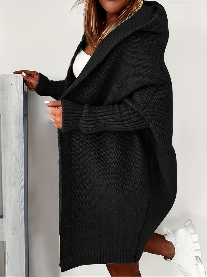 Plus Size Solid Color Hooded Open Front Cardigan, Casual Long Sleeve Knitted Cardigan, Women's Plus Size Clothing-Bennys Beauty World