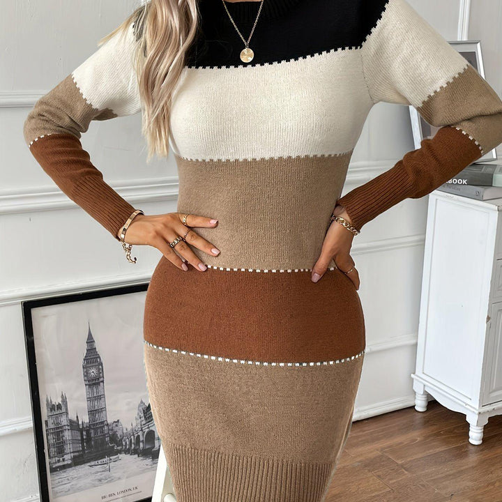 Color Block Long Sleeve Dress, Elegant Crew Neck Dress, Women's Clothing-Bennys Beauty World