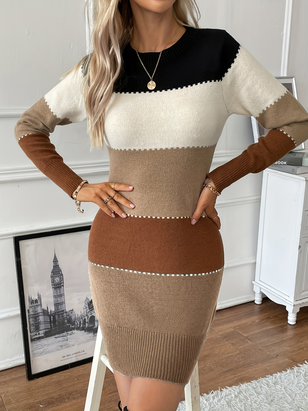 Color Block Long Sleeve Dress, Elegant Crew Neck Dress, Women's Clothing-Bennys Beauty World