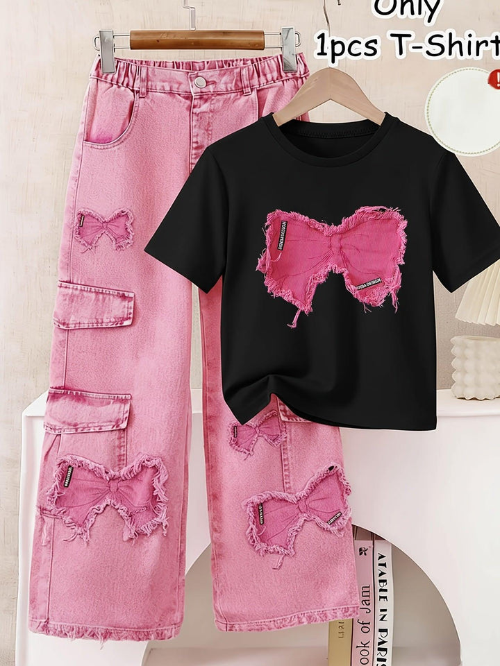 Girls' Casual Print T-Shirt with Faux Denim Butterfly Print
