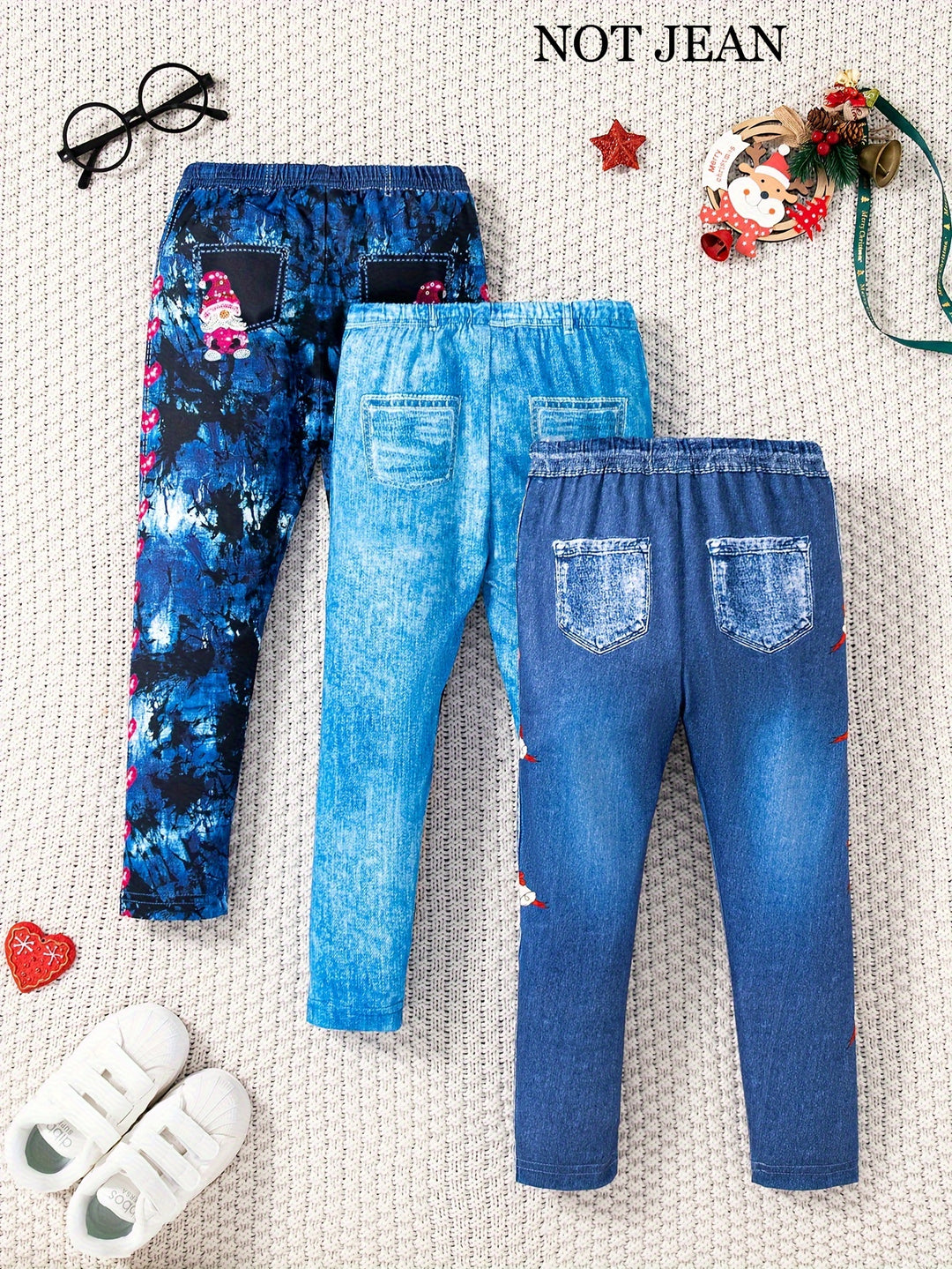 3 Packs Lightweight Thin Leggings Set Faux Denim Print Pants Kids Clothes Gift Spring Fall, As Christmas Gifts-Bennys Beauty World