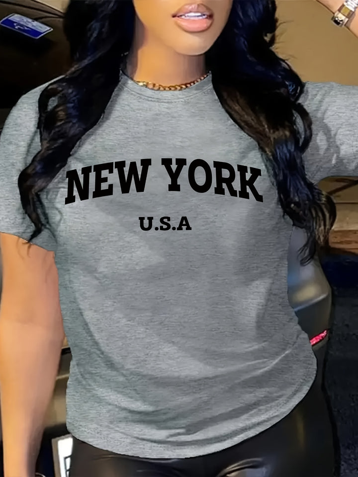 NEW YORK Letter Print T-shirt, Short Sleeve Crew Neck Casual Top For Women