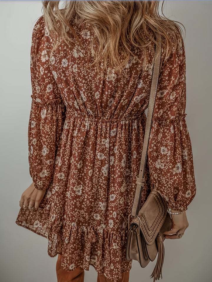 Women's Bohemian Floral Print V-Neck Mini Dress with Puff Sleeves-Dress-Bennys Beauty World
