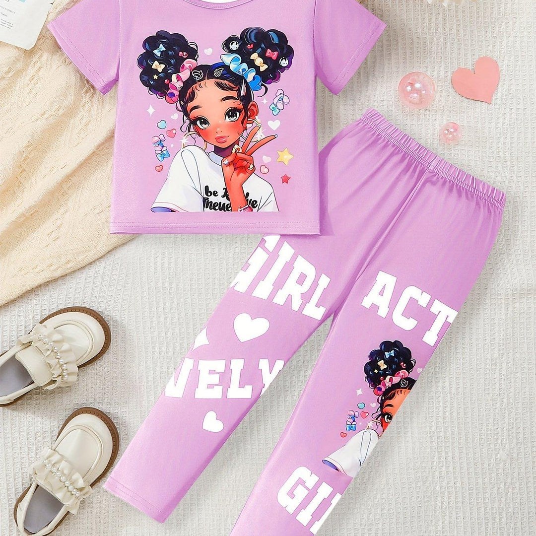 Girls Two - Piece Set with Cartoon Girl Pattern Top + Pants - Bennys Beauty World