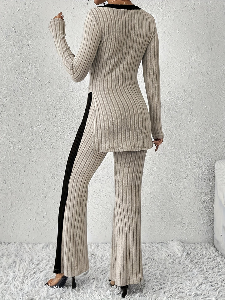 Chic Color Block Rib Knit Pantsuits for Women - Long Sleeve V Neck Top & Flared Pants Set-Bennys Beauty World