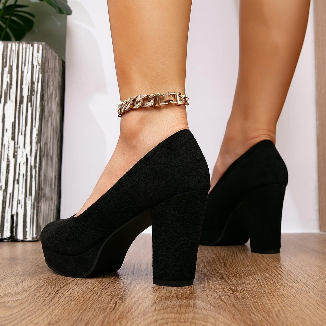Fashionable Women's Chunky-Heeled Round-Toe Black High-Heeled Shoes