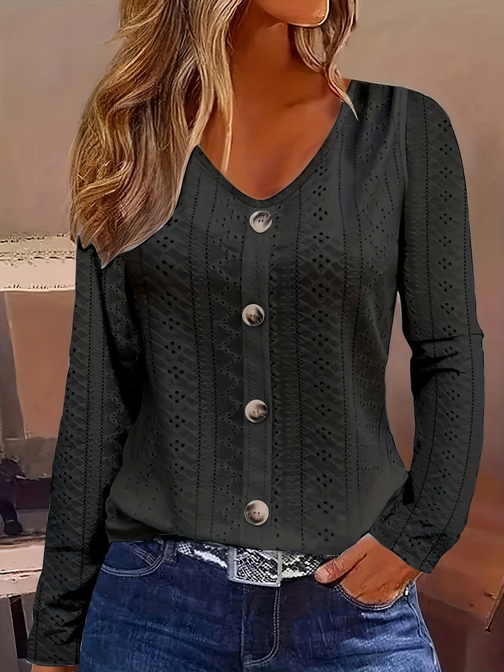 Eyelet Solid Blouse, Casual Button Front V Neck Long Sleeve Blouse, Women's Clothing-Bennys Beauty World