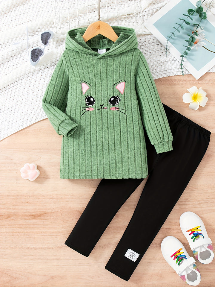 Cartoon Pattern Knit Set For Girls, Long Sleeve Top And Pants, Casual And Comfortable Outfit For Spring And Autumn-Bennys Beauty World