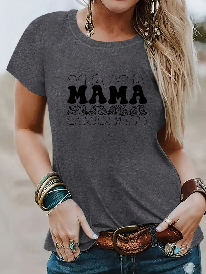 Mother's Day MAMA Print T-Shirt, Casual Crew Neck Short Sleeve Top