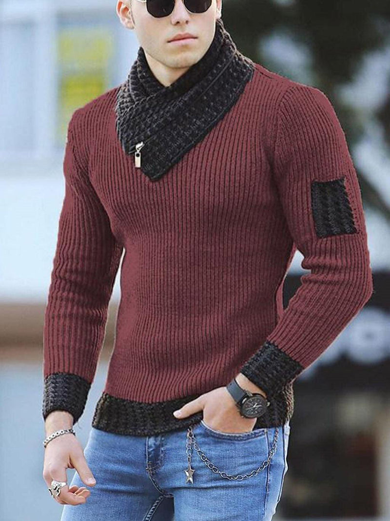 Men's Casual Slim Knit Pullover Long-sleeved Scarf Collar Sweater-Shirts-Bennys Beauty World