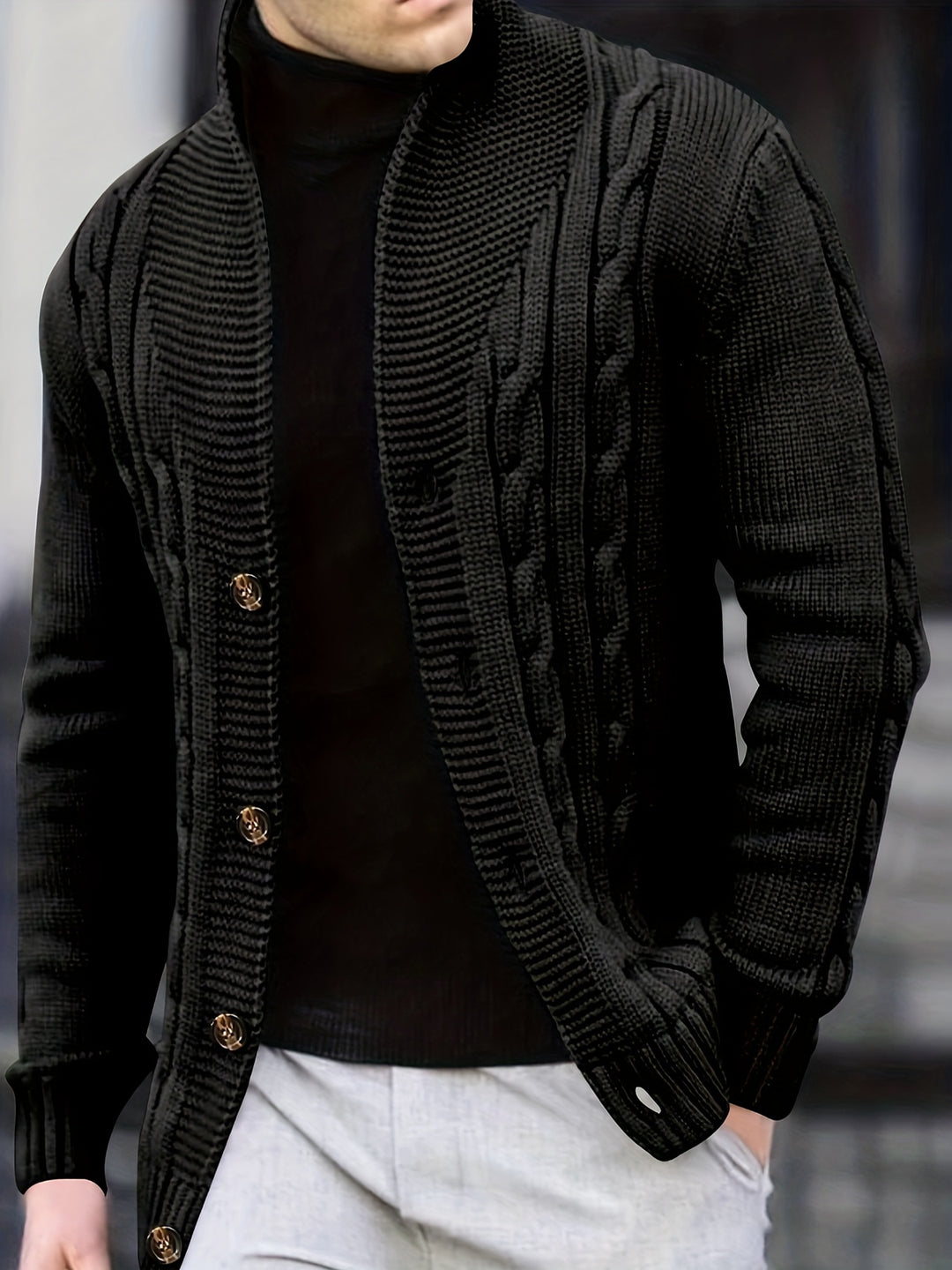 Men's Solid Rib Knit Long Sleeve Button Up Cardigan-Sweaters-Bennys Beauty World