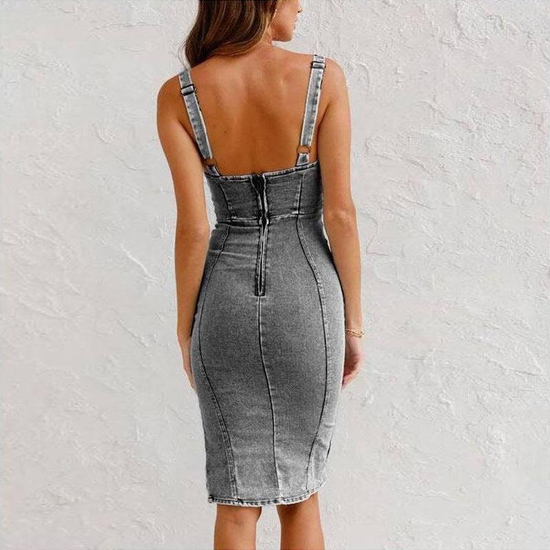 U-neck Suspender Denim Dress Summer Casual Tight Slim Fit Dresses Clothing-Dress-Bennys Beauty World