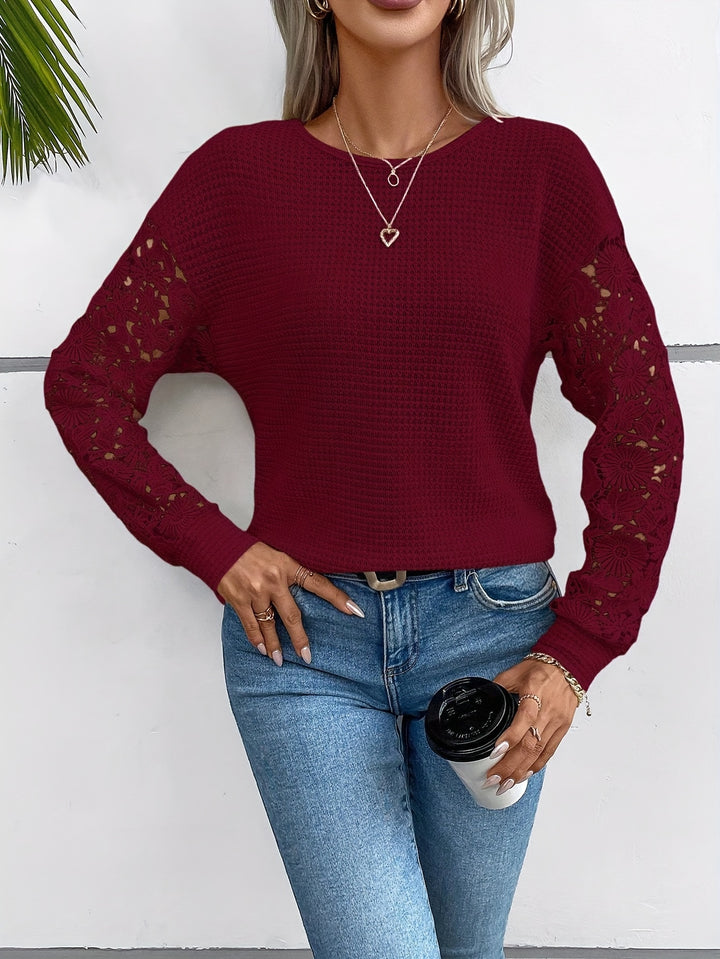 Contrast Lace Waffle Crew Neck T-shirt, Elegant Long Sleeve Backless Top For Spring & Fall, Women's Clothing-Bennys Beauty World