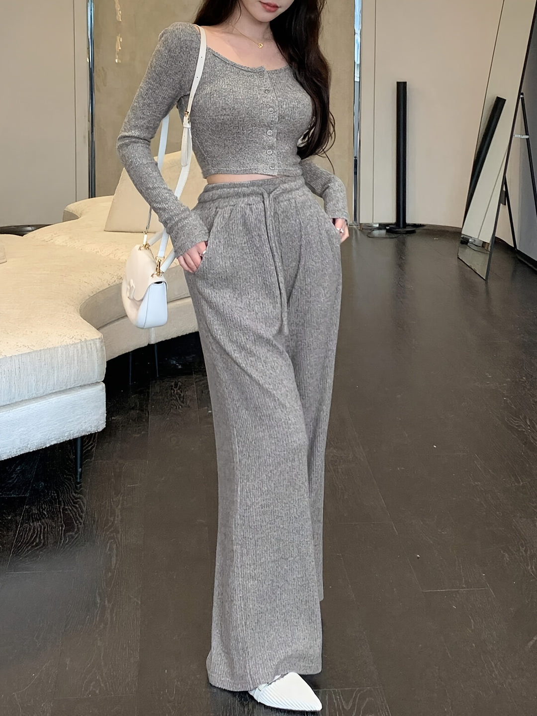 Elegant Knit Polyester Pantsuit Set with Crew Neck Long Sleeve Top and Straight-Leg Trousers, 95% Polyester 5% Elastane Solid Color, Pocket Detail, Mutton Sleeve - All Season Wear-Bennys Beauty World