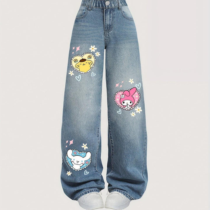 Cute Cartoon Print Jeans | Loose Straight-Leg Fit with Tailored Legs