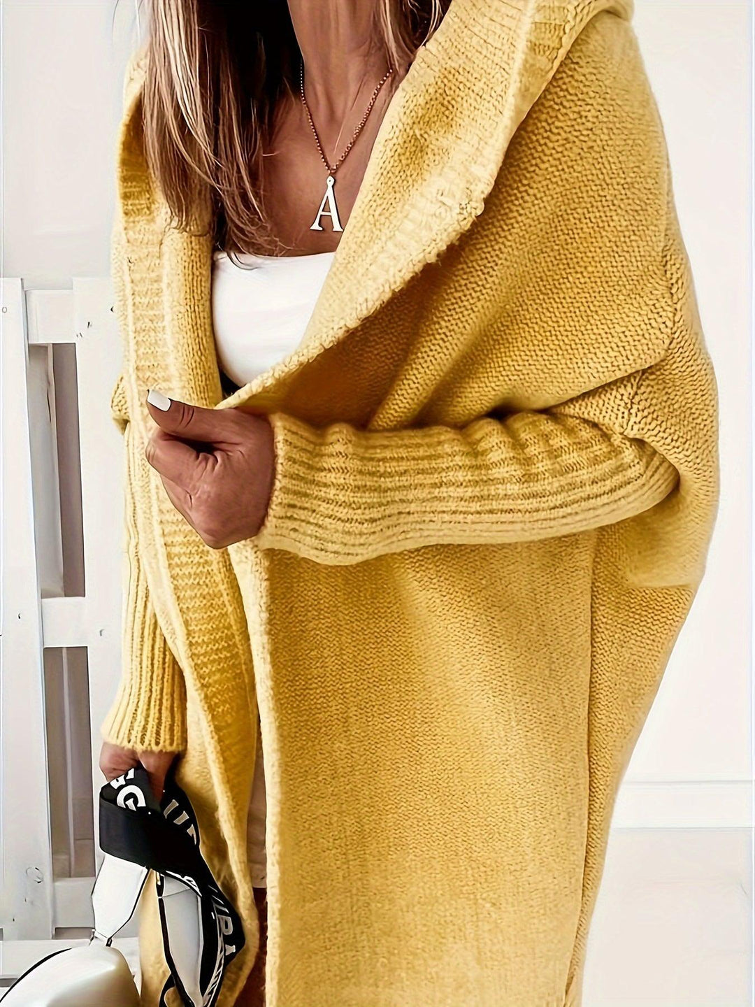 Plus Size Solid Color Hooded Open Front Cardigan, Casual Long Sleeve Knitted Cardigan, Women's Plus Size Clothing-Bennys Beauty World