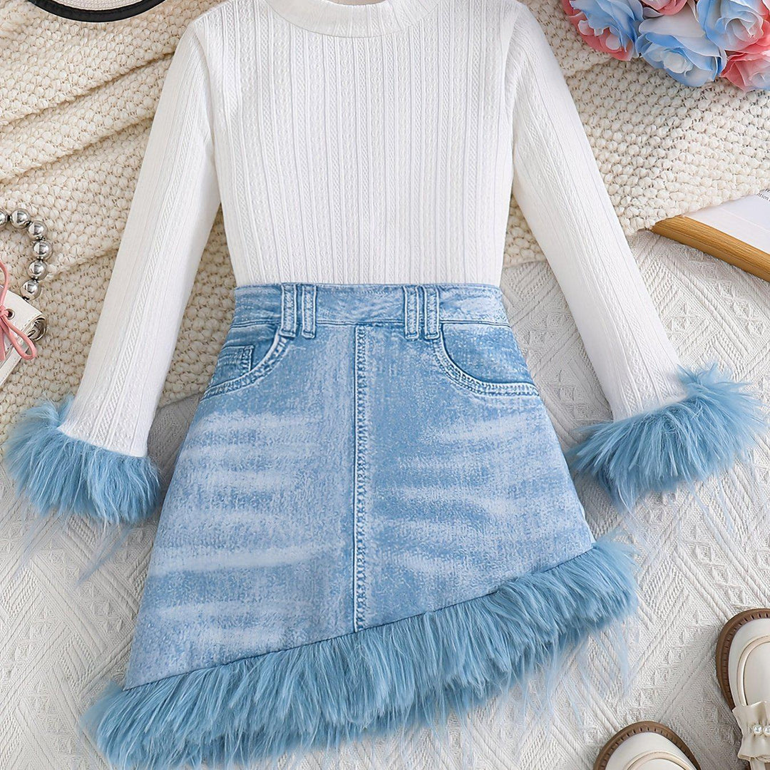 2pcs/set, Girls Elegant Furry Cuffs Long Sleeve Knit Top + Irregular Skirt - Spring/Fall Clothes, Casual Wear, Party, Gift-Bennys Beauty World