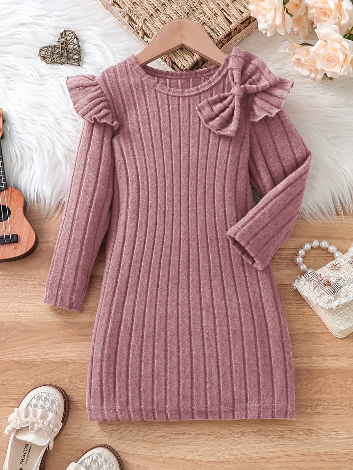 Girls Elegant Dresses, Long Ruffle Sleeve Bow Decor Ribbed Dress For Spring & Fall, Perfect For Dinner Party, As Gifts-Bennys Beauty World