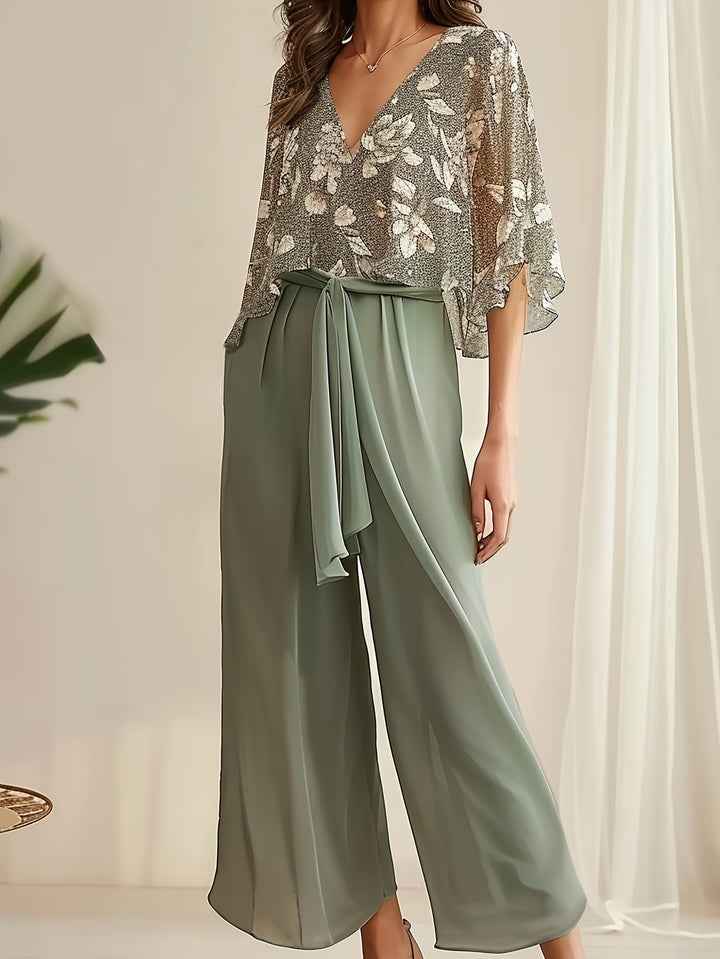 Floral Print Chic Pantsuit Ensemble, Three-Quarter Sleeve V-Neck Top & Belted Wide-Leg Trousers for Women-Bennys Beauty World