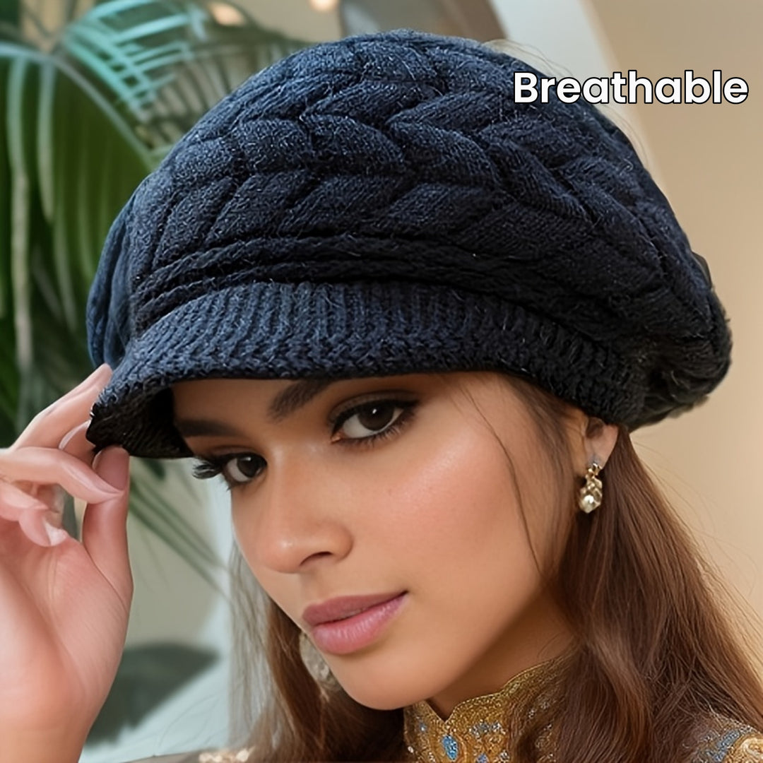 Winter Coldproof Beanie With Brim Solid Color Ribbed Knit Hats Elastic Breathable Beanies Warm Berets For Women-Bennys Beauty World