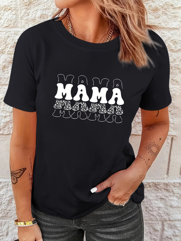 Mother's Day MAMA Print T-Shirt, Casual Crew Neck Short Sleeve Top