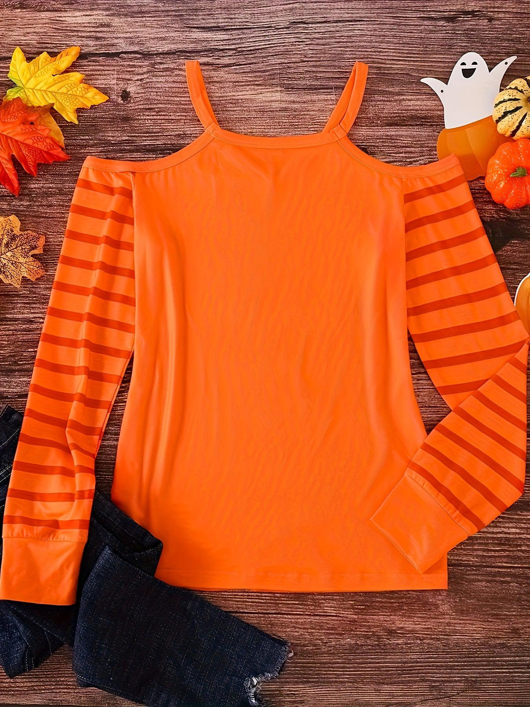 Chic Maple Leaf & Striped Cold-Shoulder V-Neck Top for Women - Casual, Machine Washable, Perfect for Spring/Fall-Bennys Beauty World