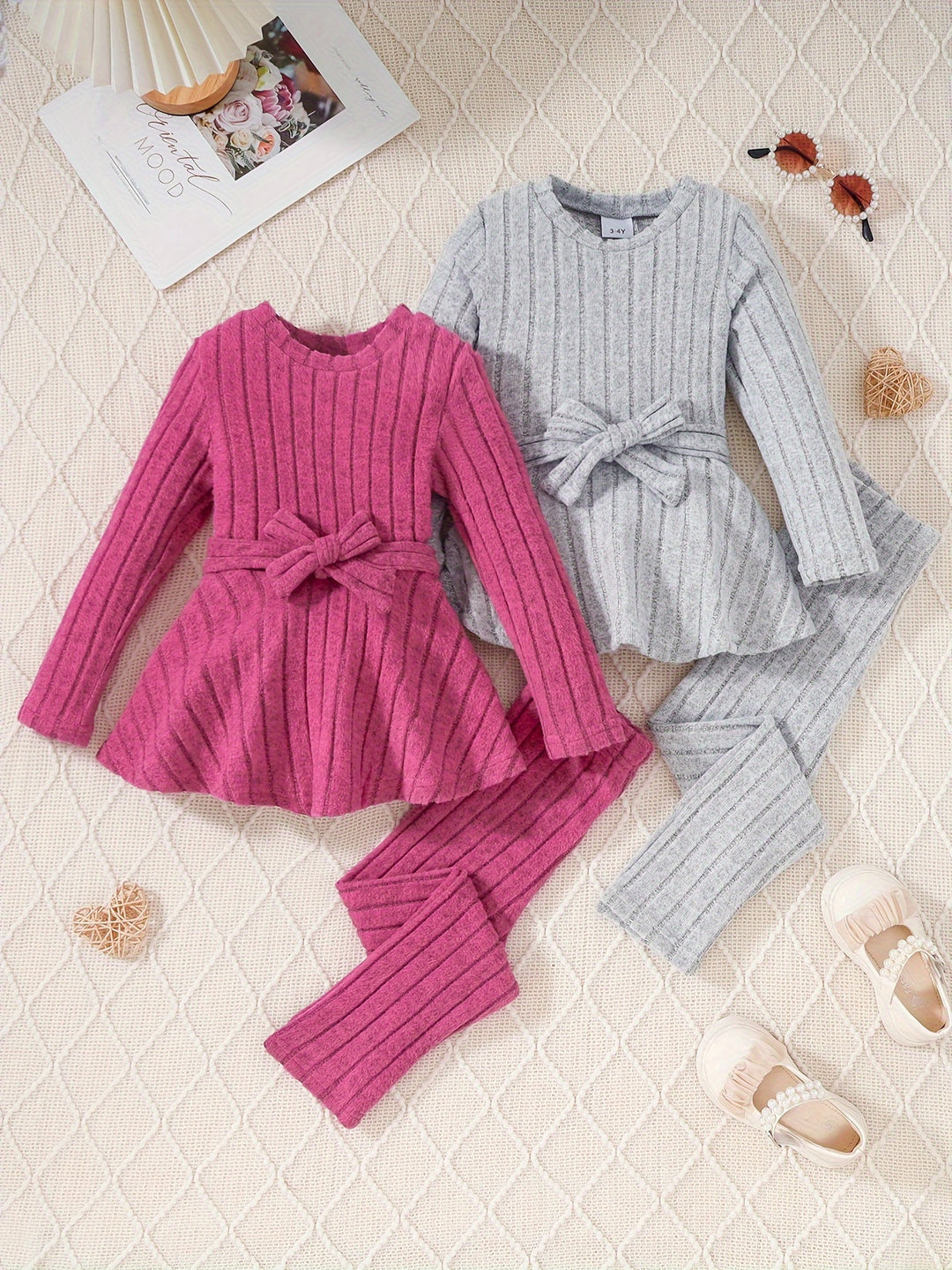 Girl's 2 Sets, Rib-knit Long Sleeve Peplum Tee + Pants 2-Piece Casual Girls Clothes-Bennys Beauty World