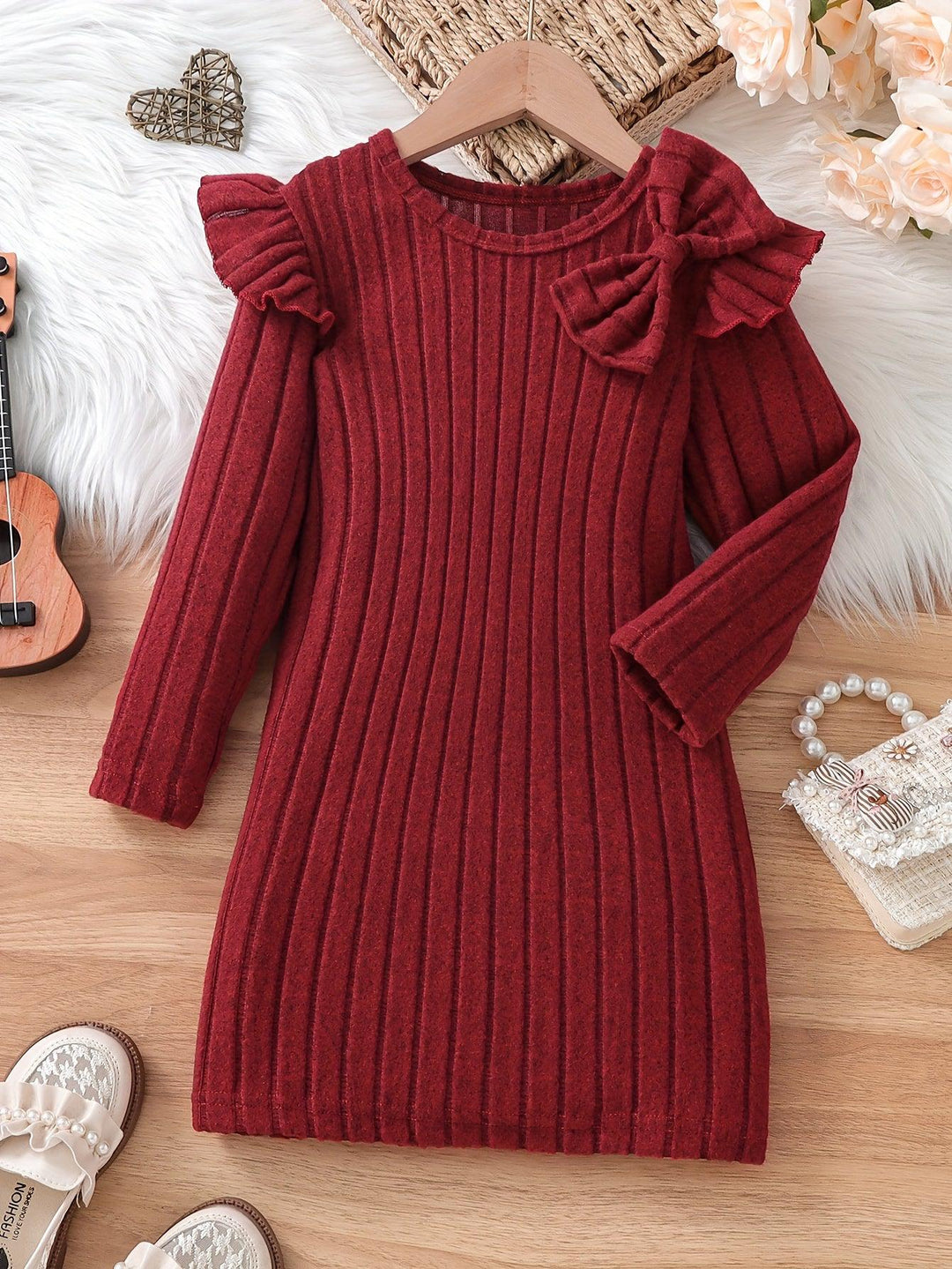 Girls Elegant Dresses, Long Ruffle Sleeve Bow Decor Ribbed Dress For Spring & Fall, Perfect For Dinner Party, As Gifts-Bennys Beauty World