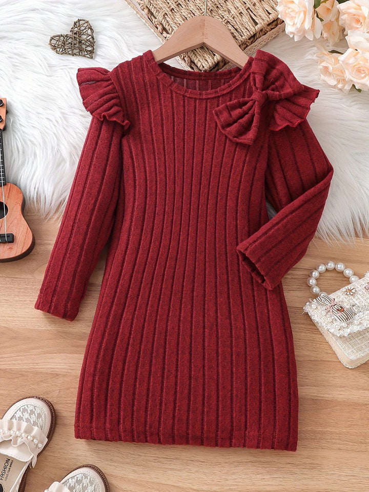 Girls Elegant Dresses, Long Ruffle Sleeve Bow Decor Ribbed Dress For Spring & Fall, Perfect For Dinner Party, As Gifts-Bennys Beauty World