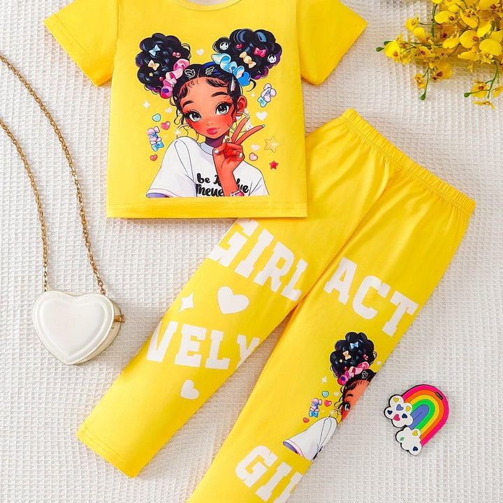 Girls Two - Piece Set with Cartoon Girl Pattern Top + Pants - Bennys Beauty World