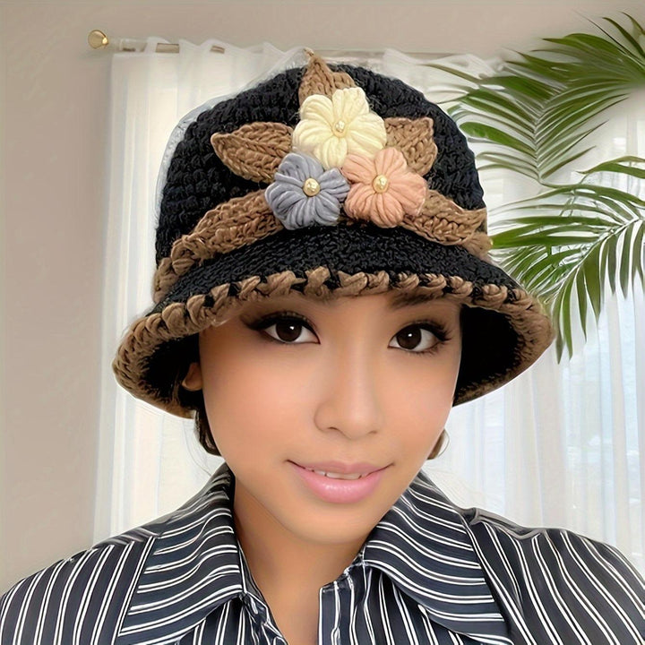 Chic Floral Crochet Bucket Hat - Lightweight Knitted Hats-Bennys Beauty World