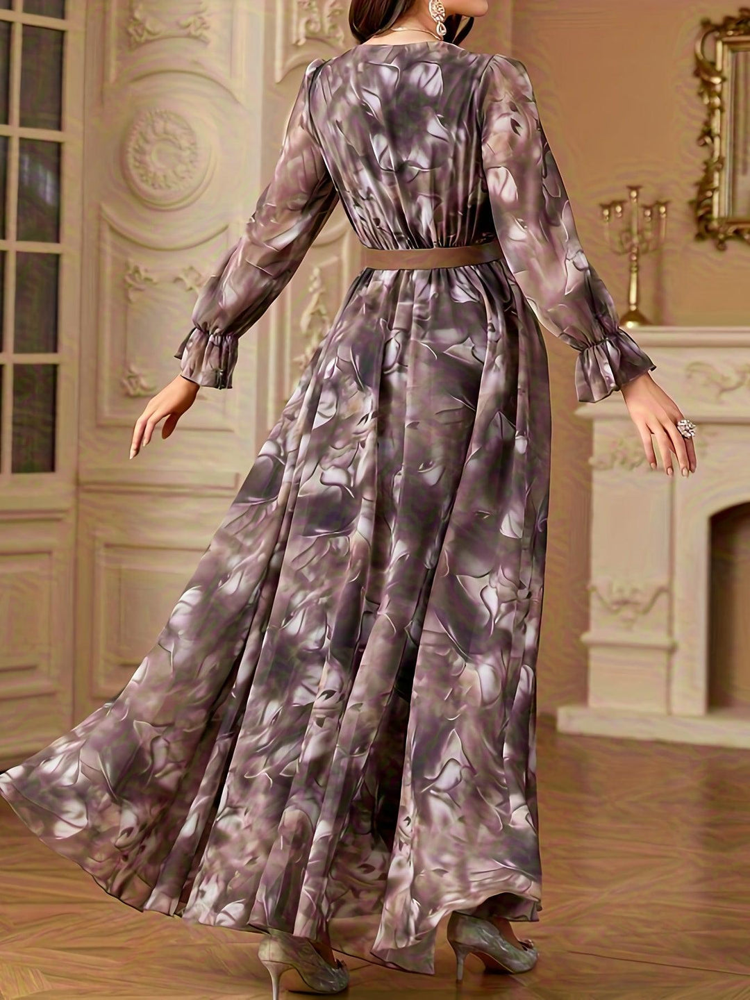 Women'S V-Neck Handmade 3D Floral Belted Dress