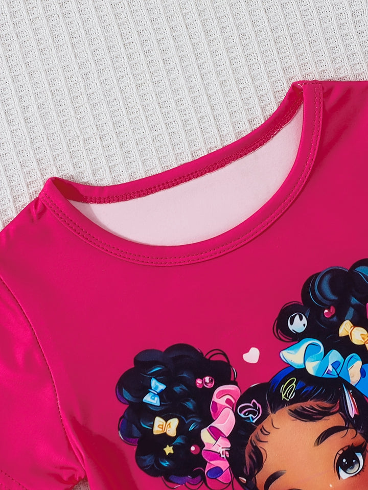 Girls Two - Piece Set with Cartoon Girl Pattern Top + Pants - Bennys Beauty World