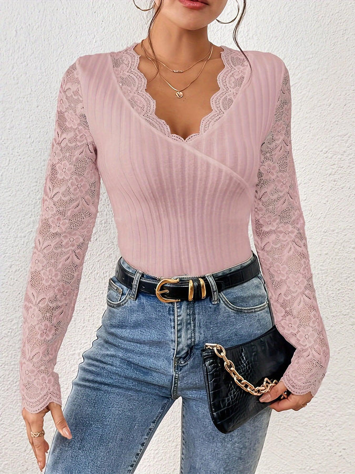 Ribbed Contrast Lace T-Shirt, Casual V Neck Long Sleeve Top For Spring & Fall, Women's Clothing-Bennys Beauty World