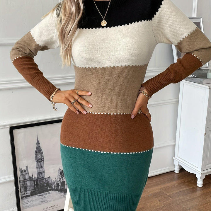 Color Block Long Sleeve Dress, Elegant Crew Neck Dress, Women's Clothing-Bennys Beauty World