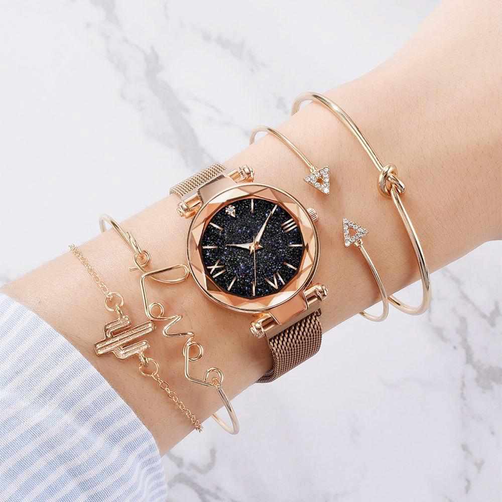 5pcs Set Luxury  Magnetic Starry Sky  Female Clock Quartz Wristwatch Bennys Beauty World